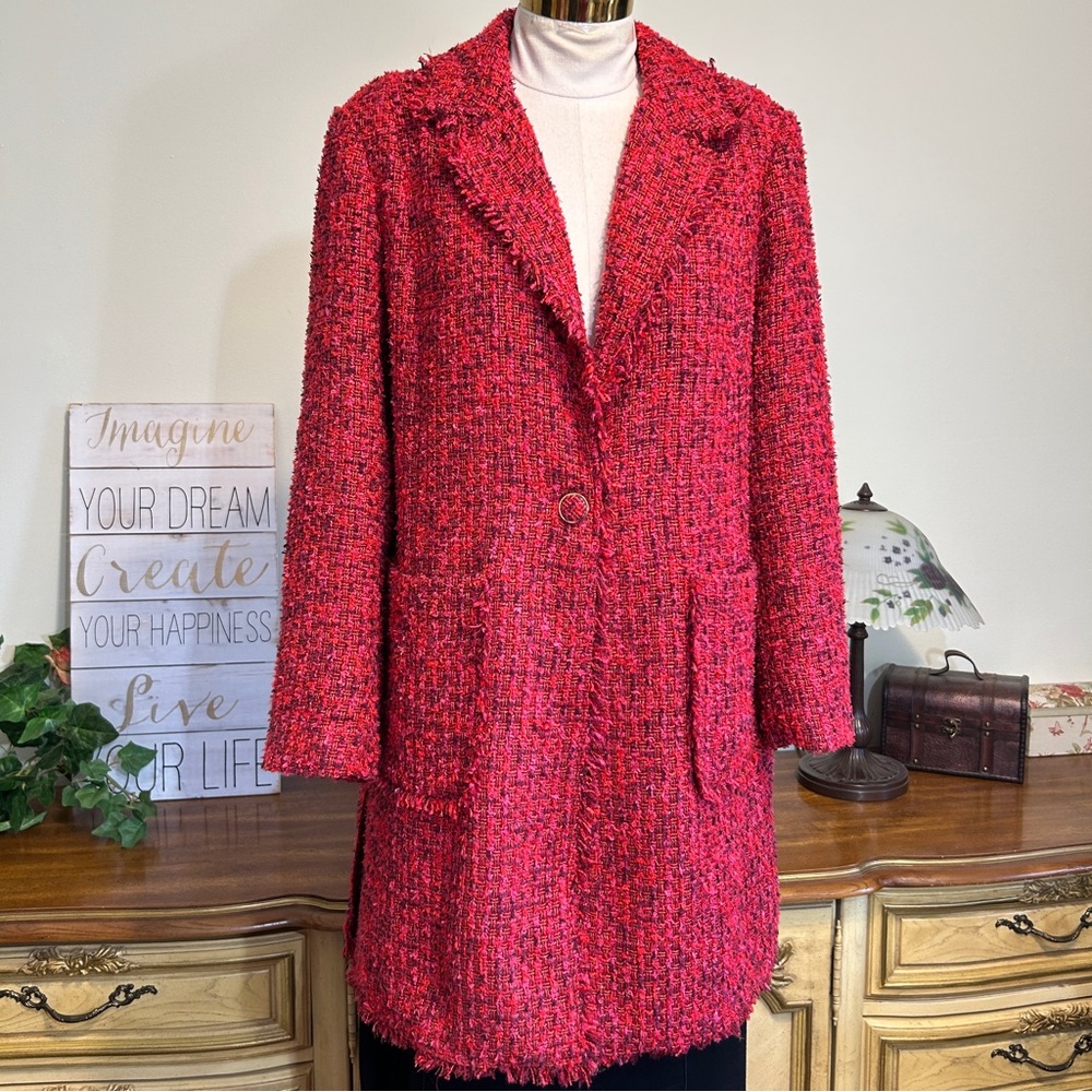 Chico's Fuchia Pink Purple Gold Metallic Tweed Fringe Mid Length Blazer Coat